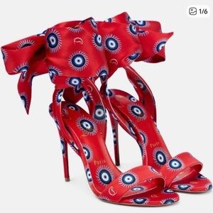 Christian Louboutin Red Satin Eye-Print Bow Stiletto Sandals